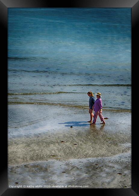 Coverack Cornwall , beach stroll Framed Print by kathy white