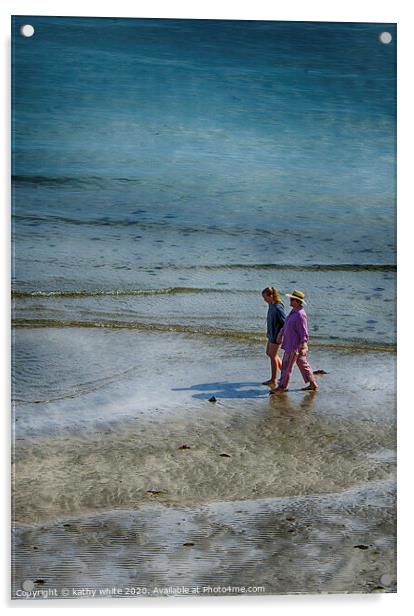 Coverack Cornwall , beach stroll Acrylic by kathy white