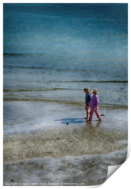 Coverack Cornwall , beach stroll Print by kathy white