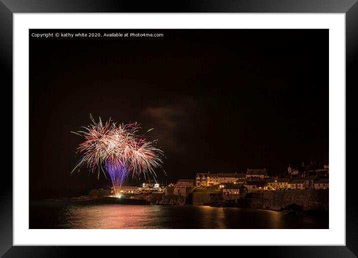 Coverack Cornwall fireworks at night Framed Mounted Print by kathy white
