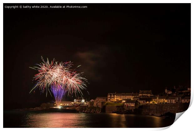 Coverack Cornwall fireworks at night Print by kathy white