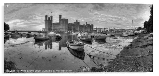 Caernarfon Castle and Harbour - B&W Panorama Acrylic by Philip Brown