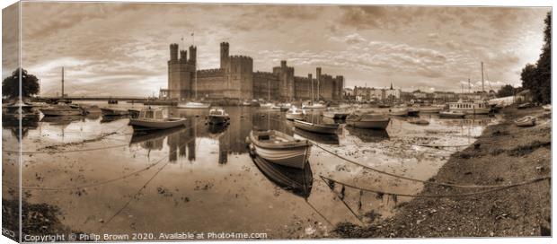 Caernarfon Castle and Harbour - Sepia Panorama Canvas Print by Philip Brown