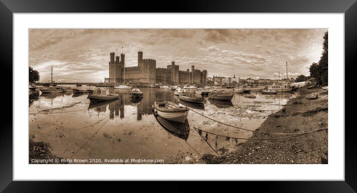 Caernarfon Castle and Harbour - Sepia Panorama Framed Mounted Print by Philip Brown