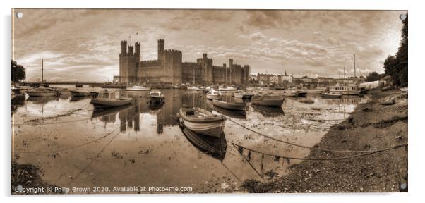 Caernarfon Castle and Harbour - Sepia Panorama Acrylic by Philip Brown