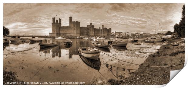 Caernarfon Castle and Harbour - Sepia Panorama Print by Philip Brown