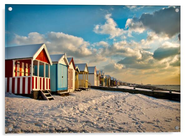 Beach huts at Thorpe Bay in winter with snow.  Acrylic by Peter Bolton