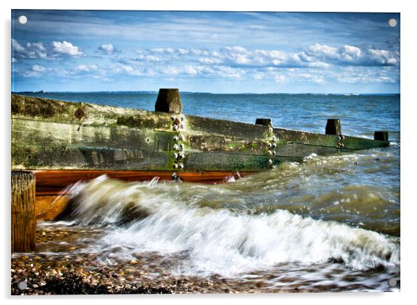 Waves crashing over a breakwater on the beach at Westcliff on Sea, Essex, UK Acrylic by Peter Bolton
