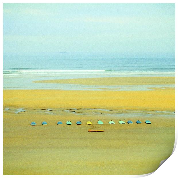 Surfboards on the beach of Salinas Print by JM Ardevol