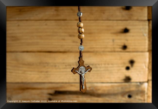 Rosary with wooden beads and Christian cross. Framed Print by Joaquin Corbalan