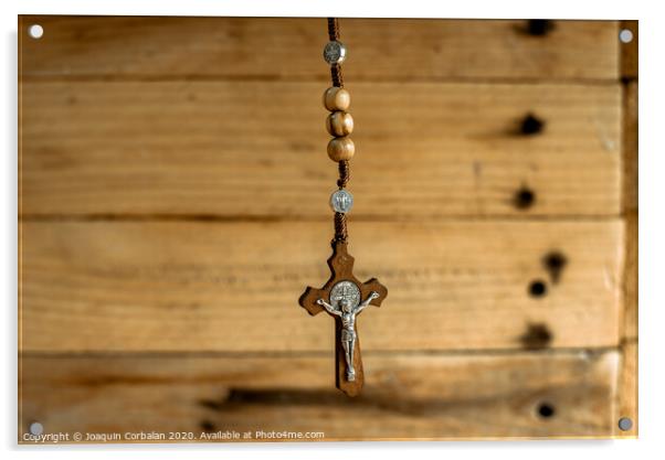 Rosary with wooden beads and Christian cross. Acrylic by Joaquin Corbalan