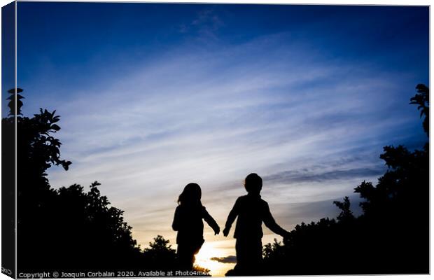 Silhouette of two children running through the field on a winter sunset. Canvas Print by Joaquin Corbalan