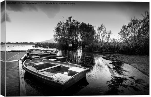 Llangorse Lake Boats Black & White Canvas Print by Joel Woodward