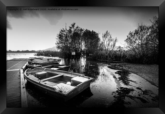 Llangorse Lake Boats Black & White Framed Print by Joel Woodward