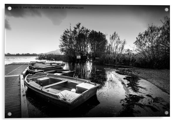 Llangorse Lake Boats Black & White Acrylic by Joel Woodward