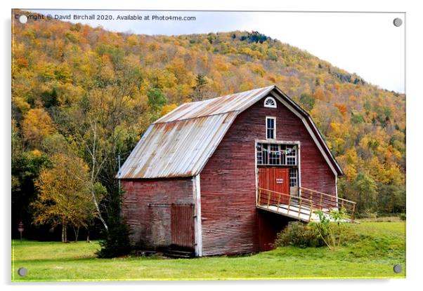 Vermont red barn, America. Acrylic by David Birchall