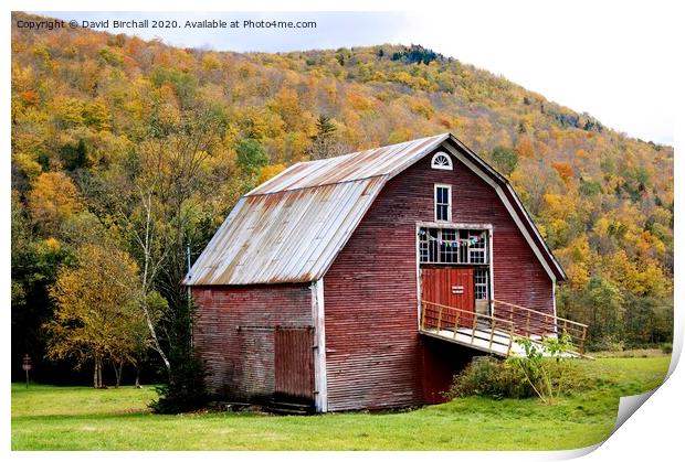 Vermont red barn, America. Print by David Birchall
