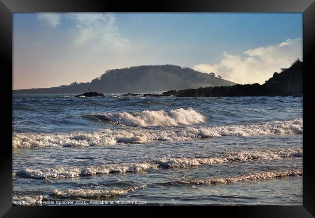 Looe island as waves roll in Framed Print by Rosie Spooner
