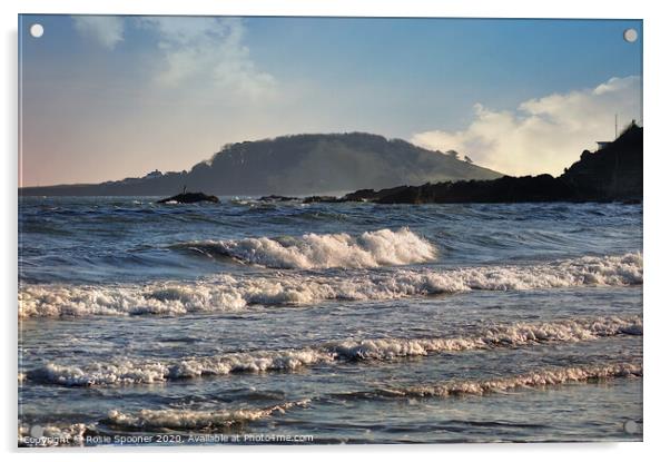 Looe island as waves roll in Acrylic by Rosie Spooner