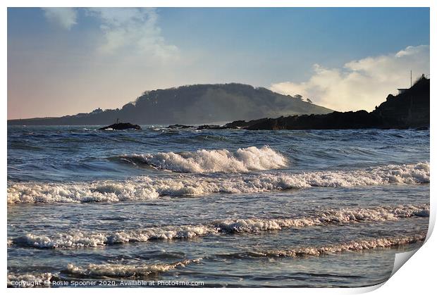 Looe island as waves roll in Print by Rosie Spooner