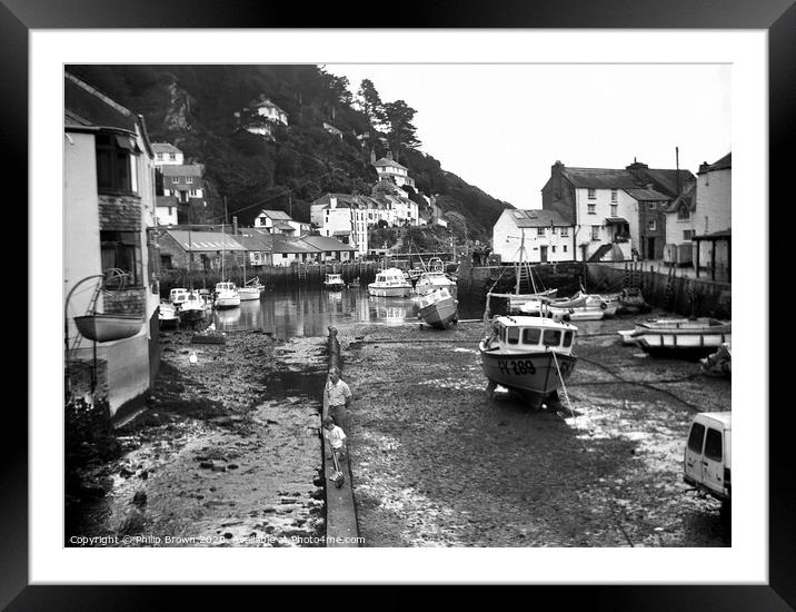 Polperro in Cornwall, around 1988 - B&W Framed Mounted Print by Philip Brown
