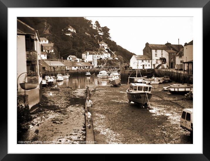 Polperro in Cornwall, around 1988 - Sepia Framed Mounted Print by Philip Brown