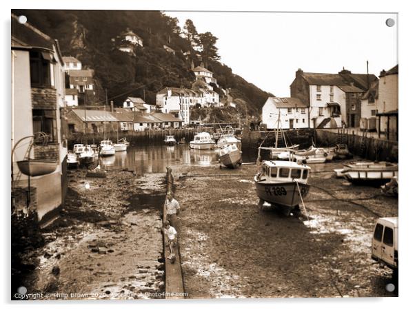 Polperro in Cornwall, around 1988 - Sepia Acrylic by Philip Brown