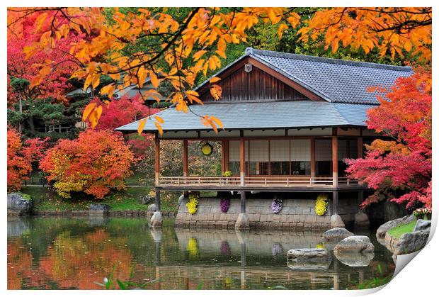 Tea House in Japanese Garden in Autumn Print by Arterra 