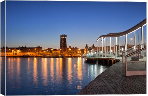 Rambla de Mar Promenade in Barcelona at Night Canvas Print by Artur Bogacki