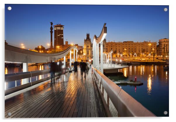 Rambla de Mar over Port Vell in Barcelona at Night Acrylic by Artur Bogacki