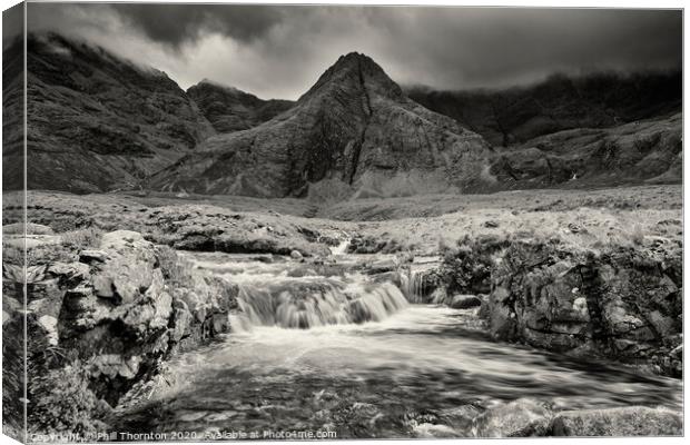 Calm before the storm, Fairy Pools. No. 2 B&W. Canvas Print by Phill Thornton