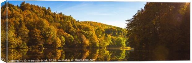 Lake fog landscape with Autumn foliage and tree reflections in Styria, Thal, Austria Canvas Print by Przemek Iciak