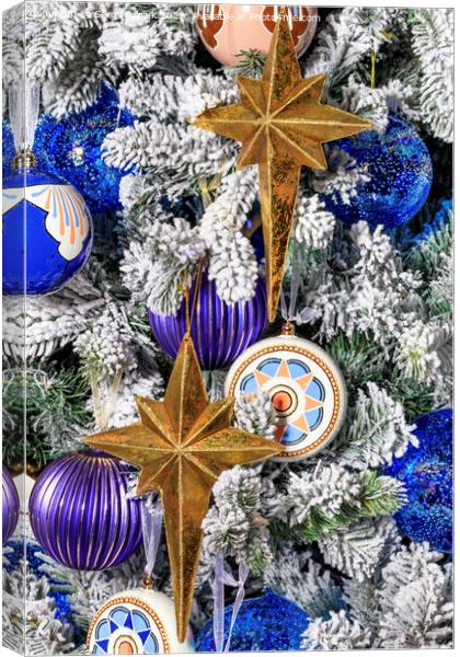 Stars and Christmas toys hang on a Christmas tree. Canvas Print by Sergii Petruk