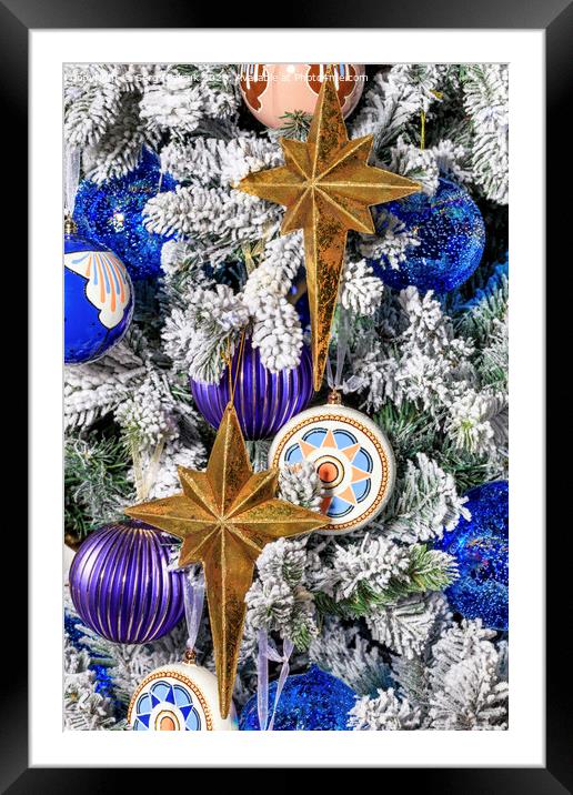 Stars and Christmas toys hang on a Christmas tree. Framed Mounted Print by Sergii Petruk