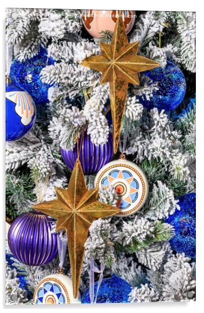 Stars and Christmas toys hang on a Christmas tree. Acrylic by Sergii Petruk