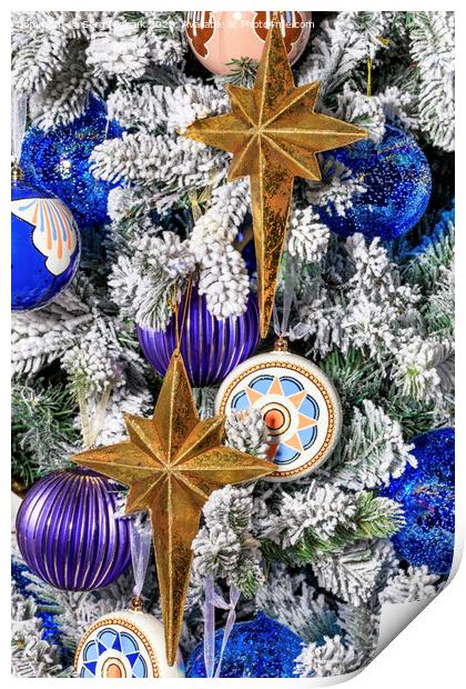 Stars and Christmas toys hang on a Christmas tree. Print by Sergii Petruk
