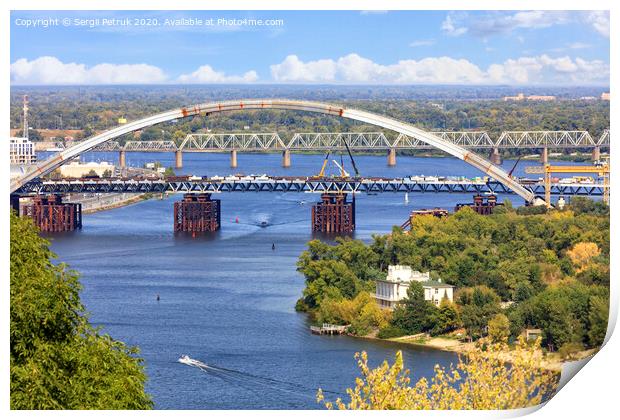 Construction of the Podolsky bridge across the Dnipro in Kyiv, image taken from a height. Print by Sergii Petruk