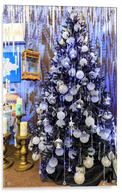 Christmas toys and stars, Christmas tinsel, decorative icicles and blue lights hang on a Christmas tree. Acrylic by Sergii Petruk