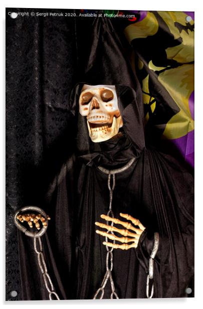 Halloween, death doll in a black hoodie with metal chains and shackles on his hands. Acrylic by Sergii Petruk