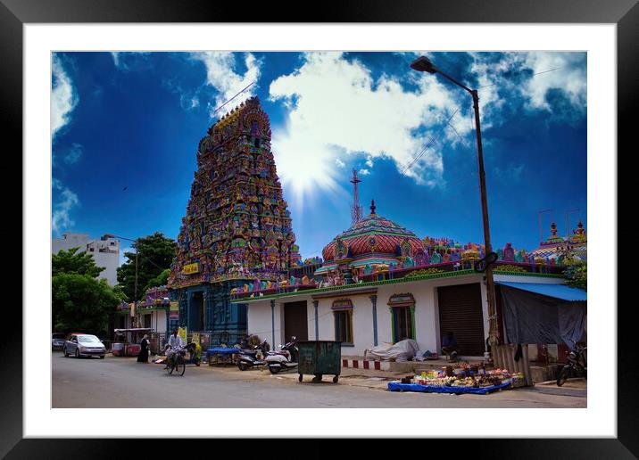 Pondicherry, India -: Wide angle shot of An Indian colorful temple named Vedapureeswarar exterior displaying beautiful hindu architecture with gods sculpture carved on it's built. Framed Mounted Print by Arpan Bhatia