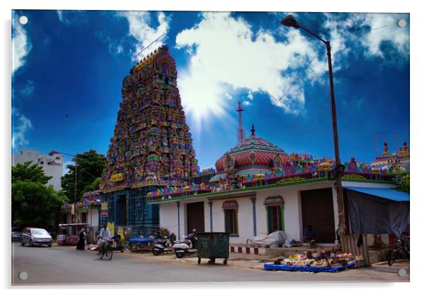 Pondicherry, India -: Wide angle shot of An Indian colorful temple named Vedapureeswarar exterior displaying beautiful hindu architecture with gods sculpture carved on it's built. Acrylic by Arpan Bhatia