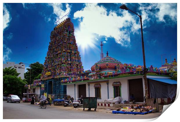 Pondicherry, India -: Wide angle shot of An Indian colorful temple named Vedapureeswarar exterior displaying beautiful hindu architecture with gods sculpture carved on it's built. Print by Arpan Bhatia