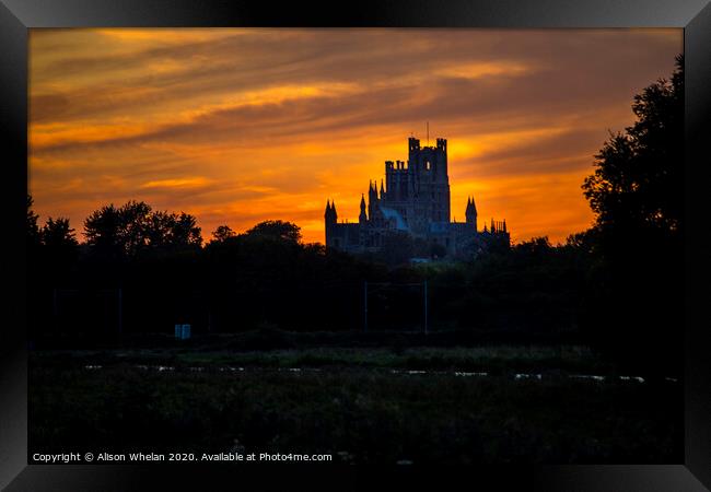 Ely Cathedral in Silhouette at Sunset Framed Print by Alison Whelan