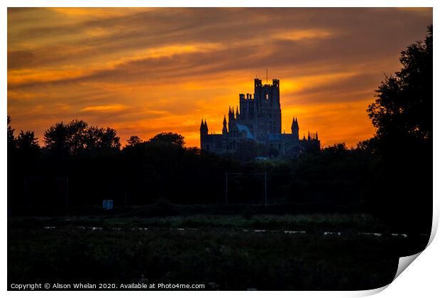 Ely Cathedral in Silhouette at Sunset Print by Alison Whelan