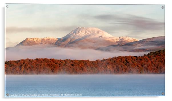 Autumn mist shrouded between Mountain and Loch Acrylic by Maria Gaellman