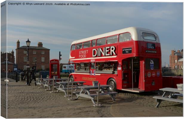 Street food diner bus at the royal albert dock, Liverpool, in sunlight. Canvas Print by Rhys Leonard