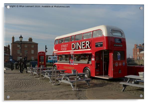Street food diner bus at the royal albert dock, Liverpool, in sunlight. Acrylic by Rhys Leonard