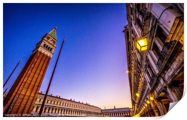 Evening Lights Campanile Bell Tower Saint Mark's Square Piazza Venice Italy Print by William Perry
