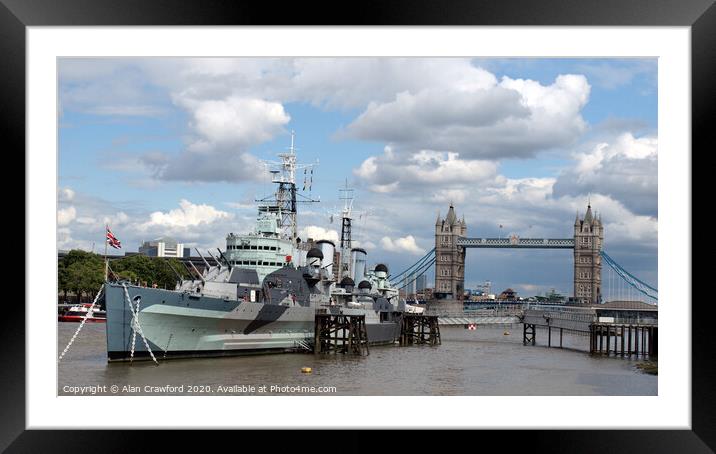 HMS Belfast and Tower Bridge, London Framed Mounted Print by Alan Crawford