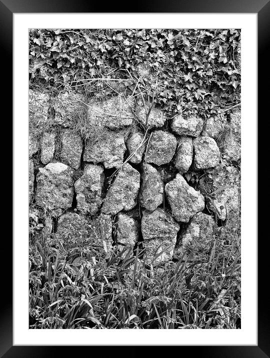 Black and white photo art of a section of a dry stone wall at Lands End, Cornwall. Framed Mounted Print by Peter Bolton